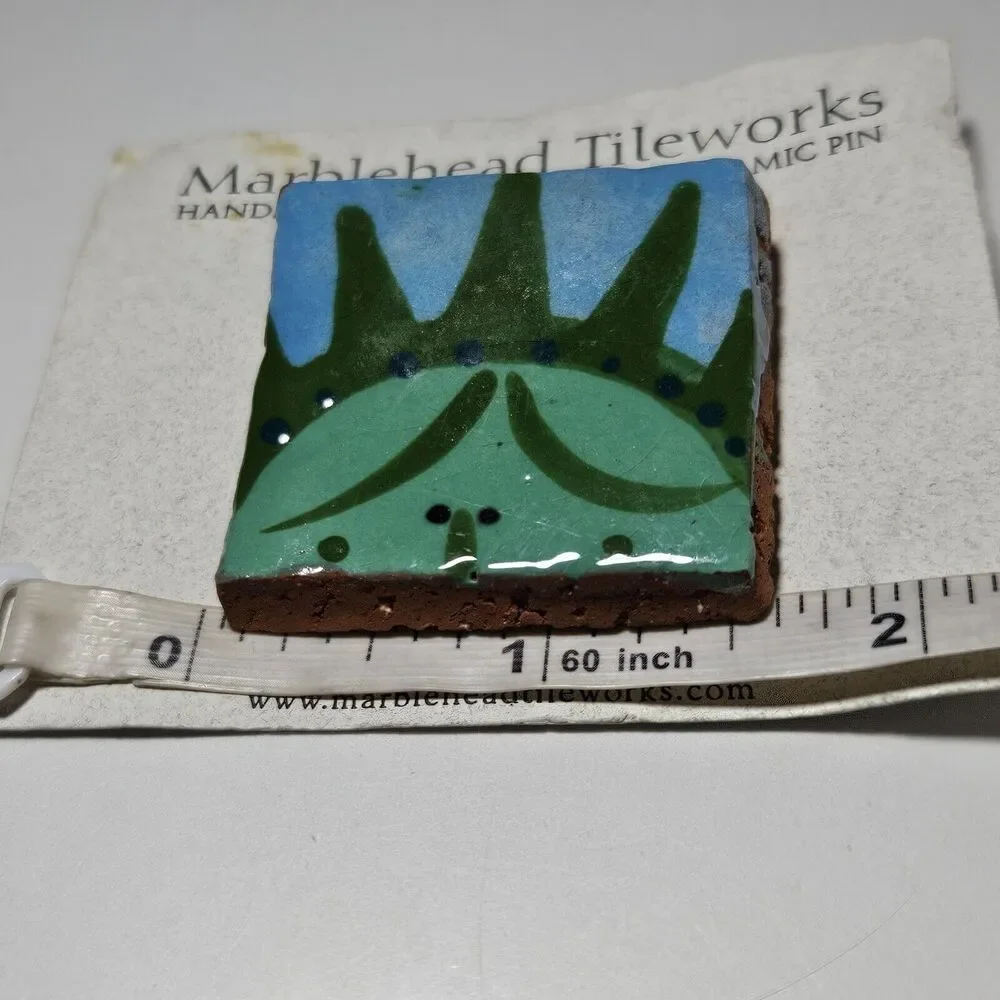 Marblehead Tileworks Green And Blue Painted Tile Brooch